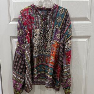 Johnny Was Patch Finn 100% Silk Blouse - Size L Boho, Chic, Feminine
